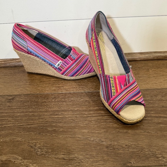 Toms Shoes - Toms Women's Peep-Toe Wedge Espadrille, Striped, Multi-Color, Size 7, Summer